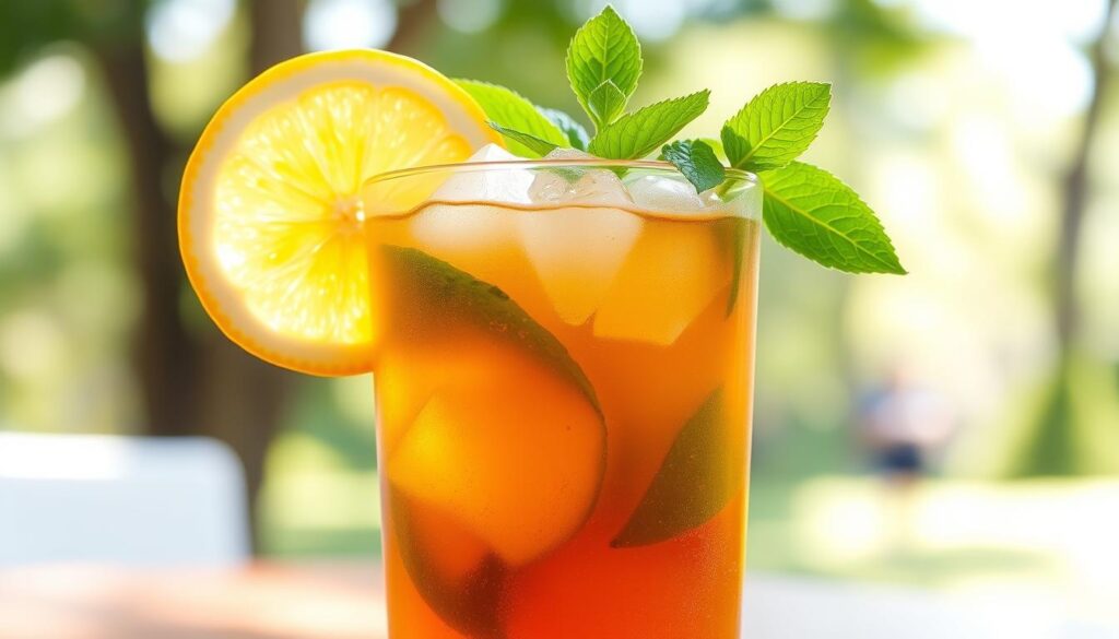 Arnold Palmer drink garnished with lemon and mint