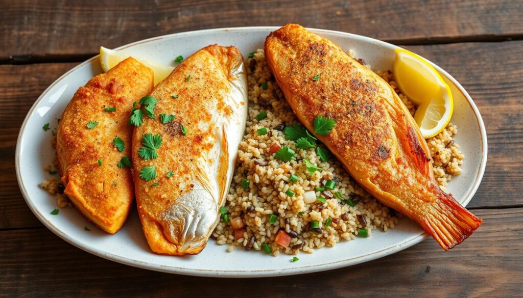 Grains and fried fish