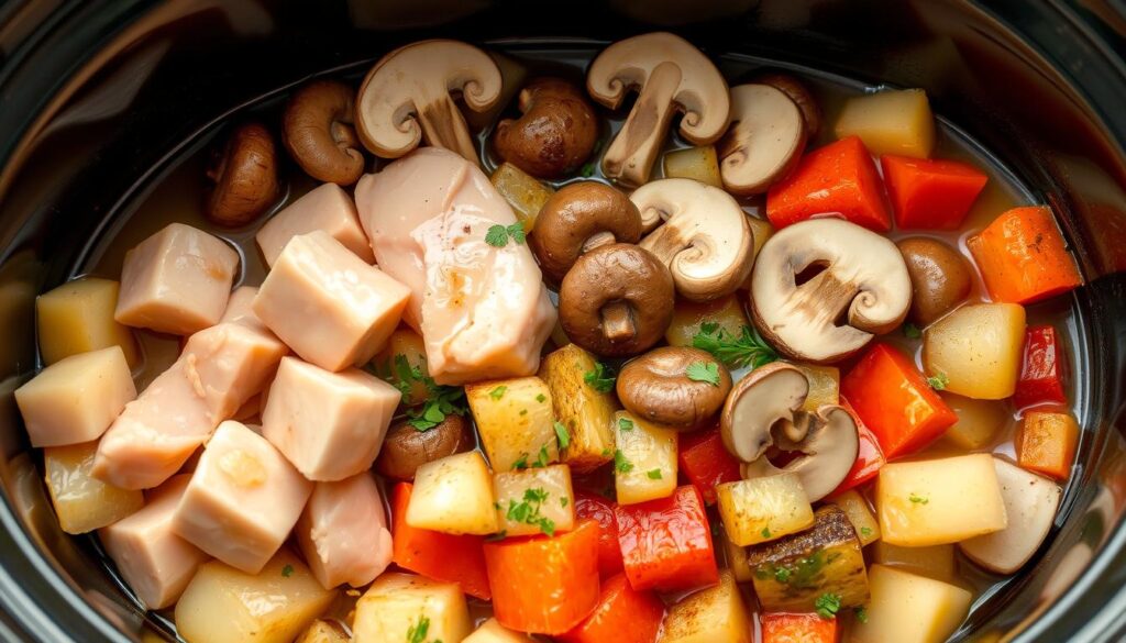 Layering chicken mushroom stew ingredients