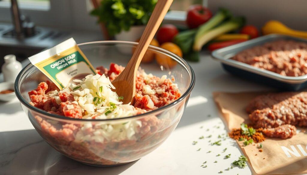 Mixing meatloaf ingredients