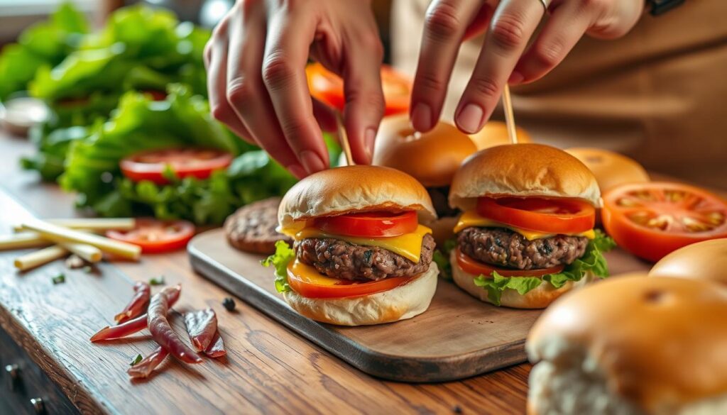 assembling mini burgers