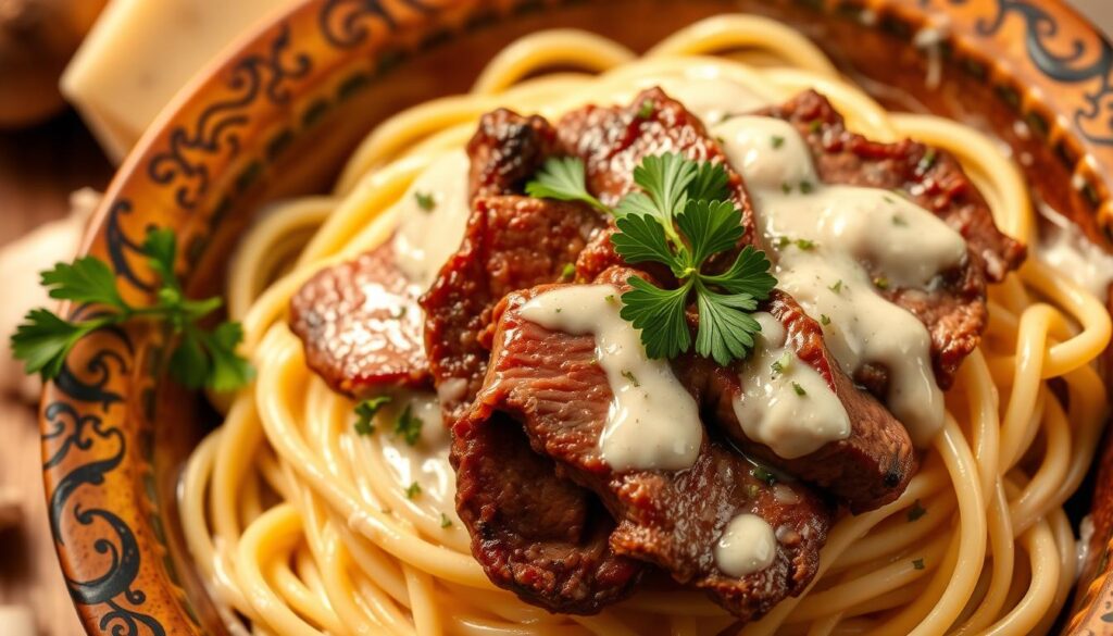 fettuccine Alfredo with steak