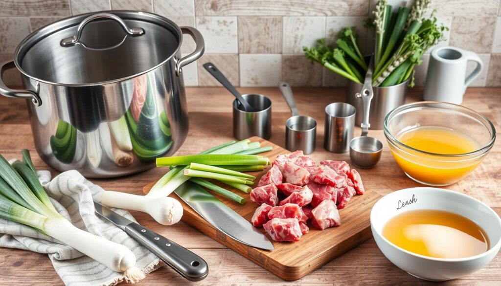 kitchen equipment for easy beef leek soup