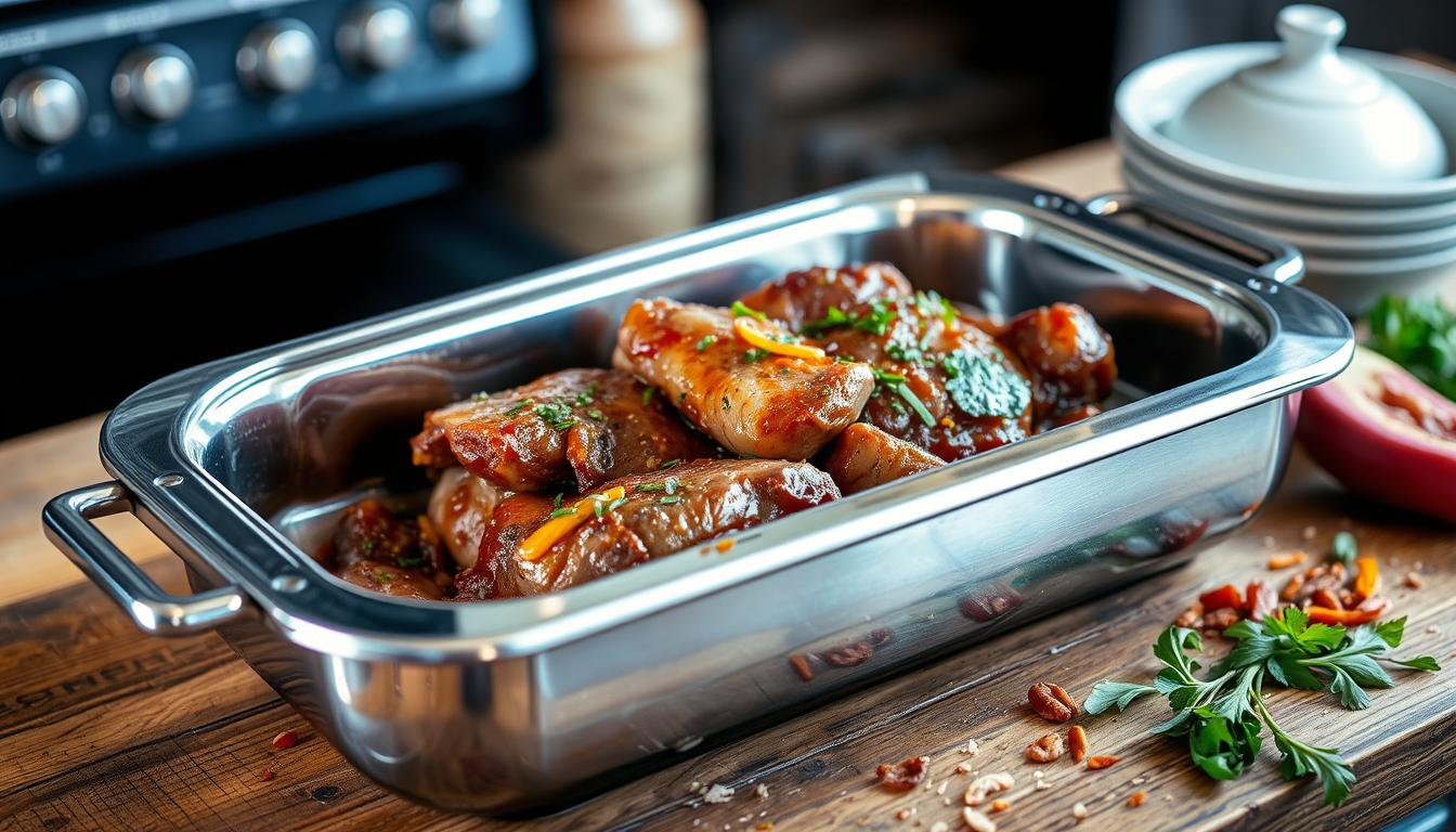 metal dish for marinated meat